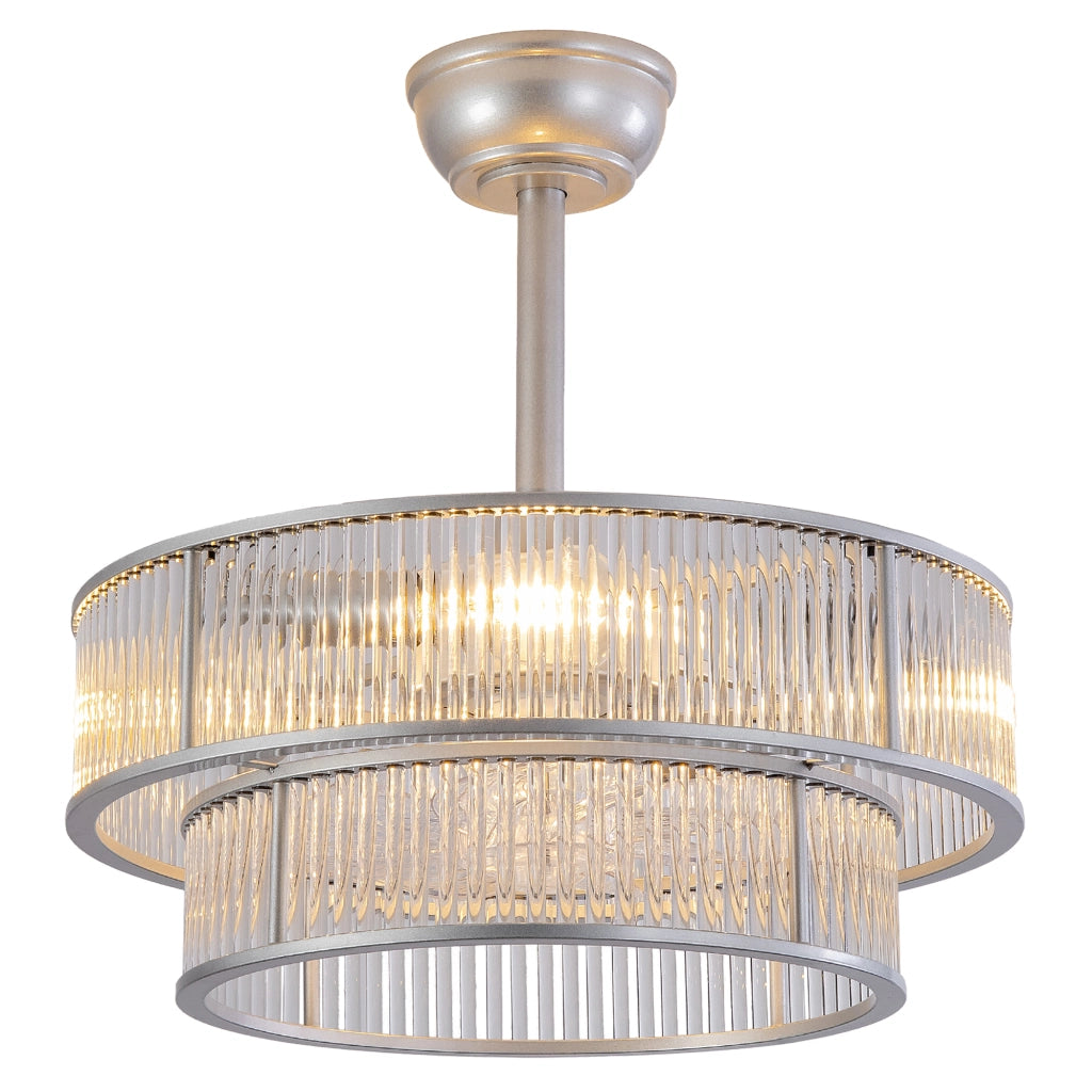 Ventilatore da soffitto con luce a 4 portalampade E26. 6 velocità; app Bluetooth e telecomando; argento