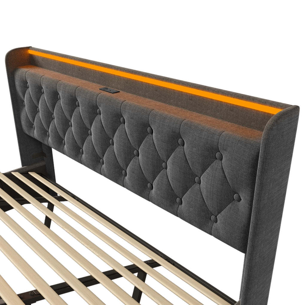 LETTO Contenitore 180x200 cm in lino grigio con LED, USB e Tipo C