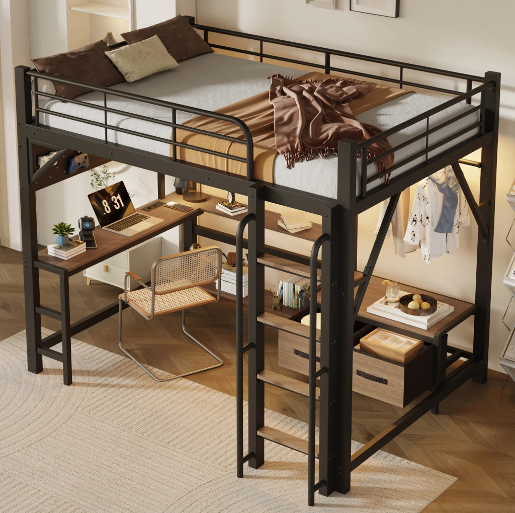 Letto a soppalco 140x200 cm con scrivania, scaffali, LED e USB
