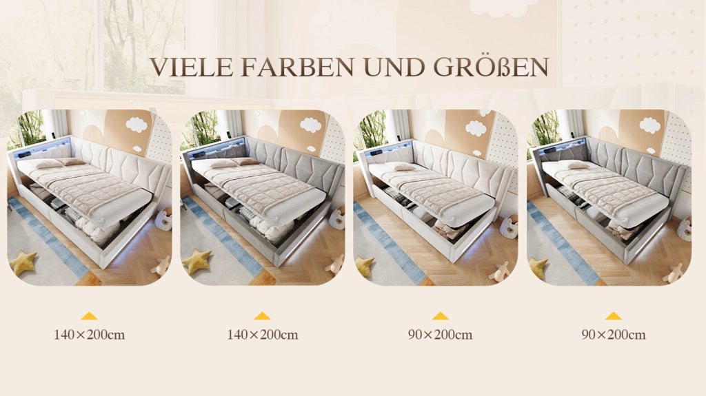 Letto imbottito 90x200 cm con contenitore, LED, USB e Type-C, velluto beige