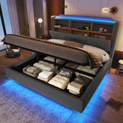 Letto imbottito 140 ¡Á 200 cm con vano idraulico LED USB e tipo C in lino e MDF grigio