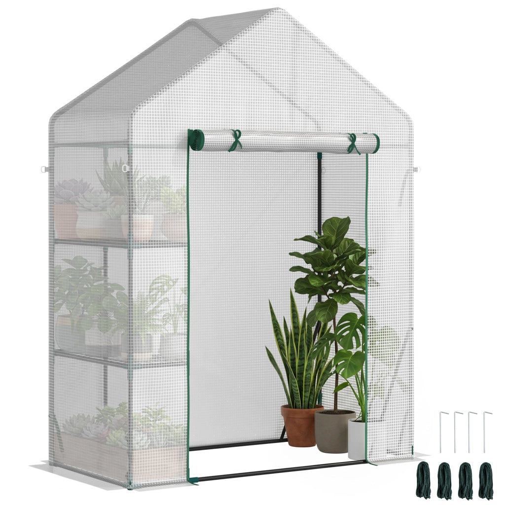 Serra da Giardino in PE e Acciaio per Esterni con 2 Scaffali e Porta Avvolgibile, 143x73x195 cm, Bianco