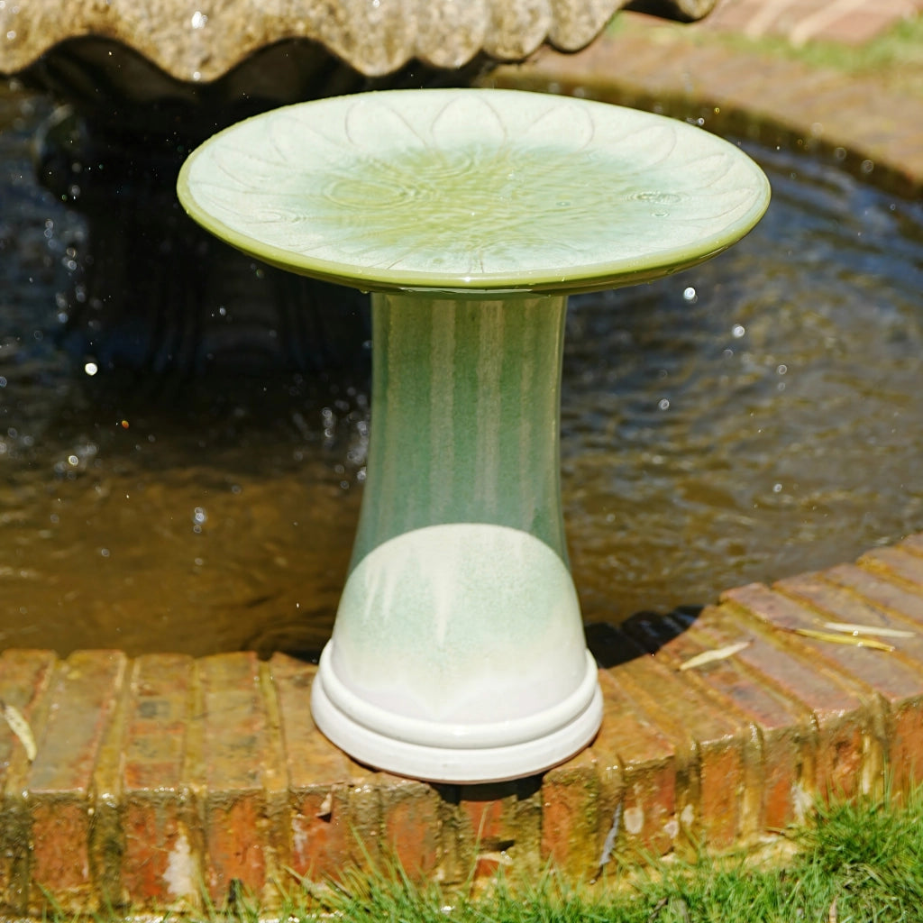 Bagno per uccelli in ceramica verde con ciotola Ø 43 cm e piedistallo alto 45 cm per giardino e terrazzo
