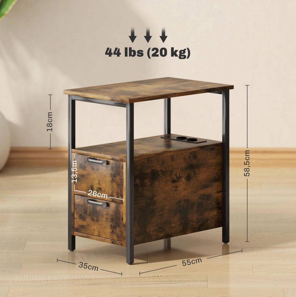 Tavolino laterale 55x35x58,5 cm con 2 cassetti, prese USB e USB-C marrone