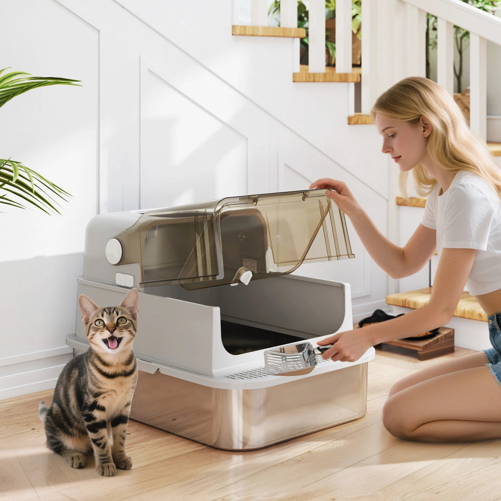 Lettiera Chiusa per Gatti XXL a 2 Porte 70x50x46,5 cm Vaschetta in Acciaio Inox Grigio