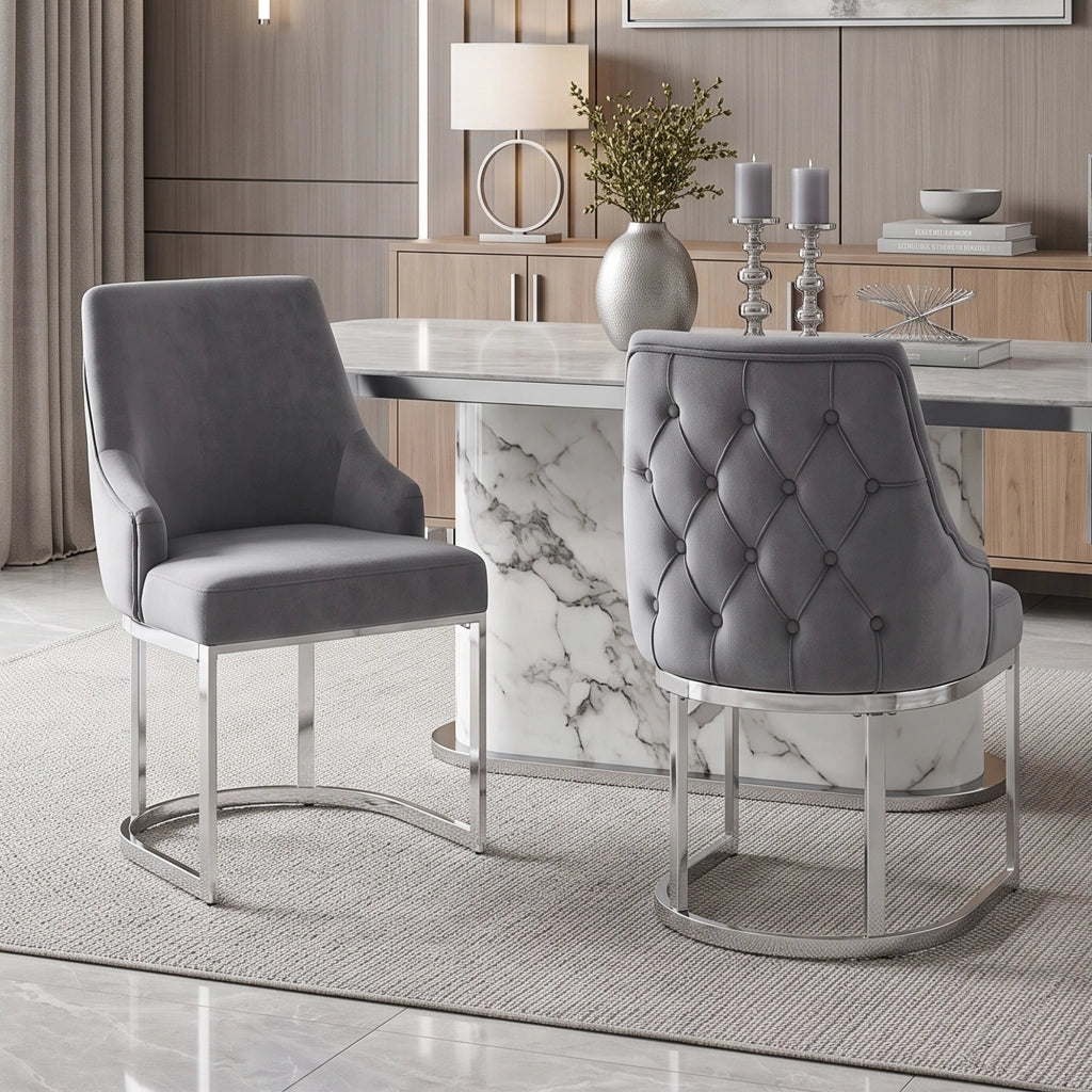 2 sedie da pranzo in velluto con schienale trapuntato 3D e gambe metalliche galvanizzate moderne grigio argento