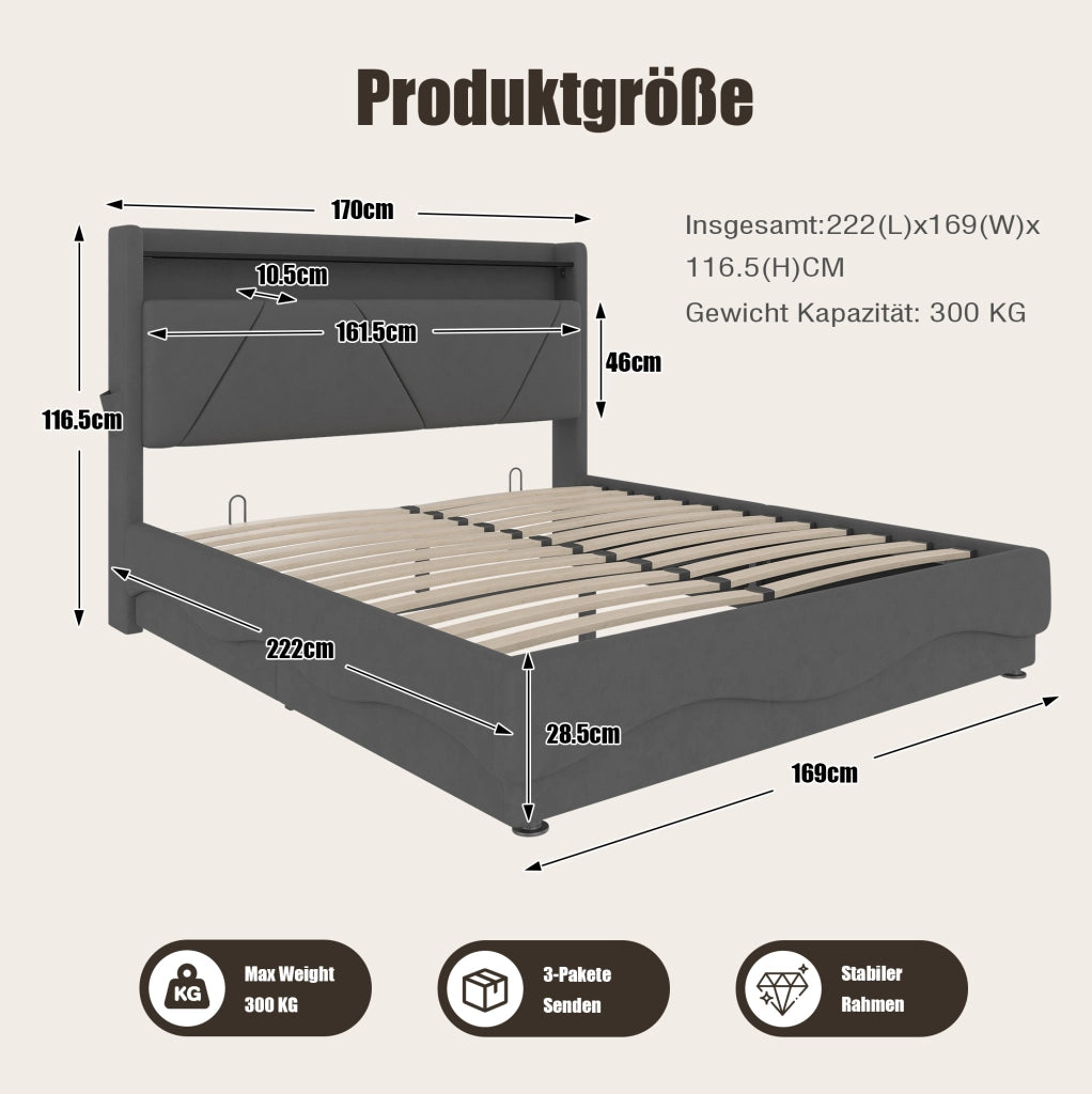 LETTO imbottito 160x200 cm in velluto grigio scuro con LED e porte USB/Type-C