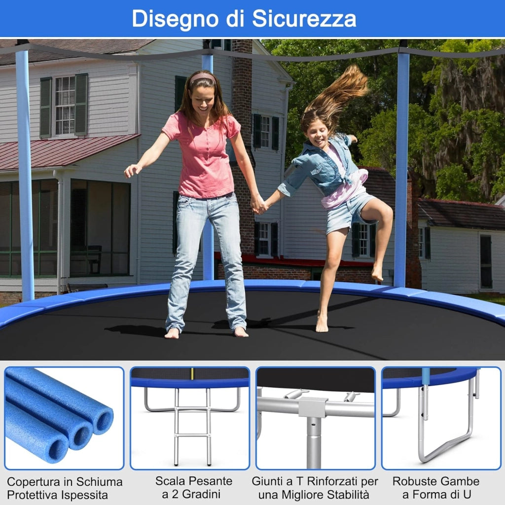 Tappeto Elastico per Bambini 244/305/366/427cm Certificato GS, Trampolino Elastico da Interno ed Esterno con Rete, Tubi Galvanizzati Antiruggine e Scala