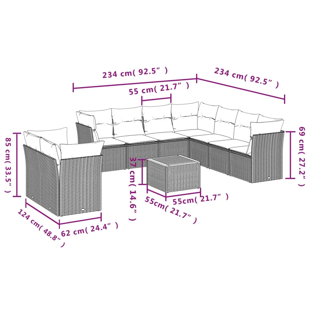 Set Divano da Giardino 10 pz con Cuscini Grigio in Polyrattan 3256046