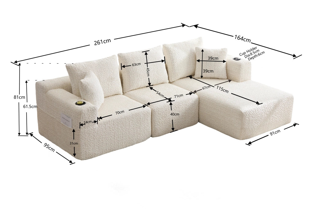 Divano modulare angolare 3 posti con braccioli larghi e tasche laterali in chenille beige