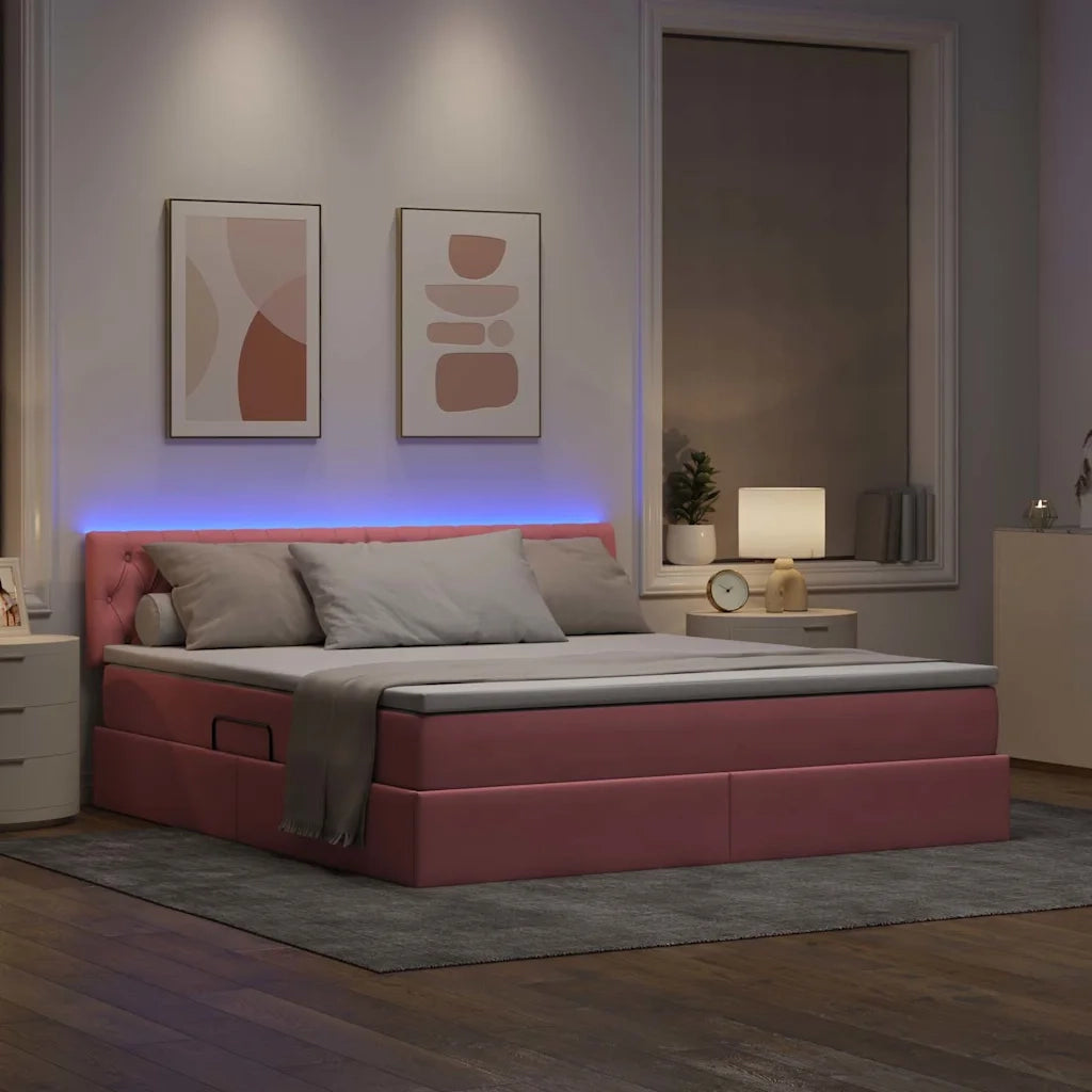 Letto con contenitore e LED con led Rosa 160 x 200 cm Velluto