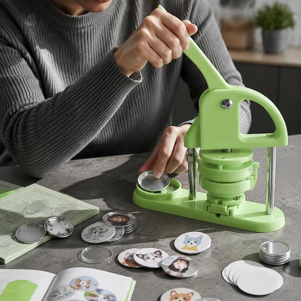 Button Maker's Machine, Badge Punch Press 58/75 Mm, Pin Maker With 200 Button Pieces, Circle Cutter, Spellbook, And Reinforced Ergonomic Handle, DIY Badge Press Machine, Green