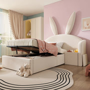 LETTO 90x190 cm per bambini in velluto beige con contenitore e comodino