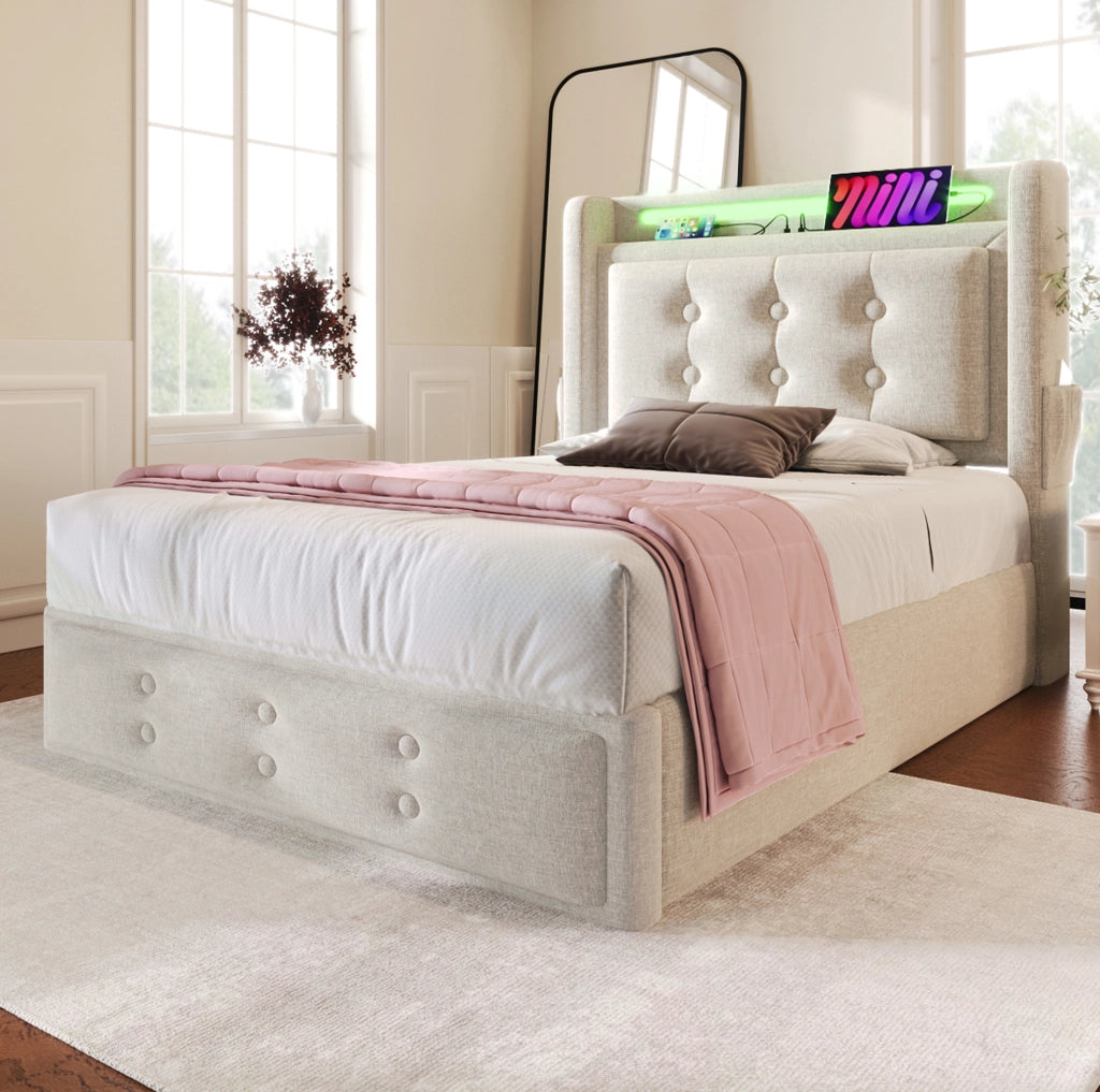 LETTO 90x200 cm Beige in cotone-lino con LED, prese, USB e Type C