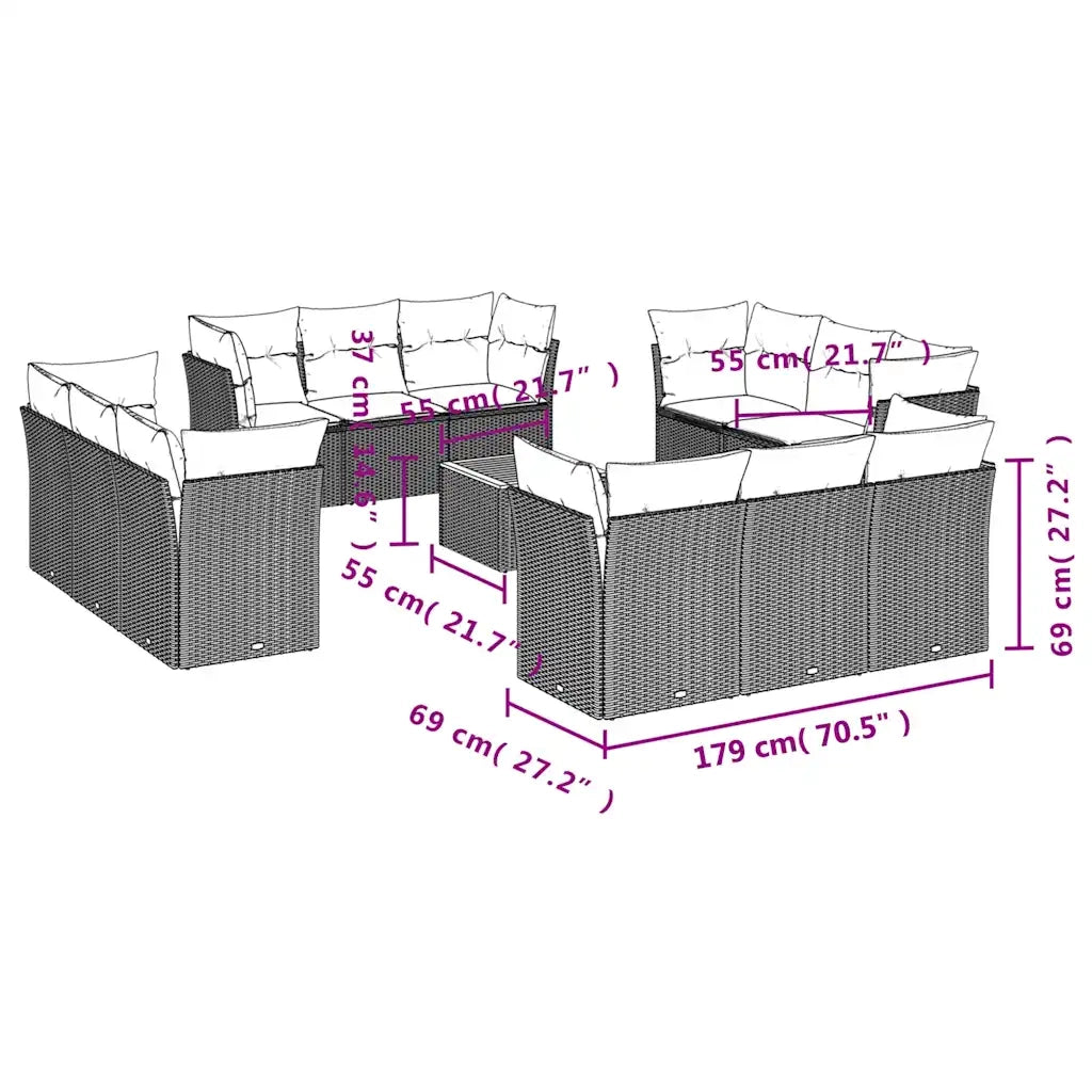 Set Divani da Giardino 13 pz con Cuscini Grigio in Polyrattan 3255872