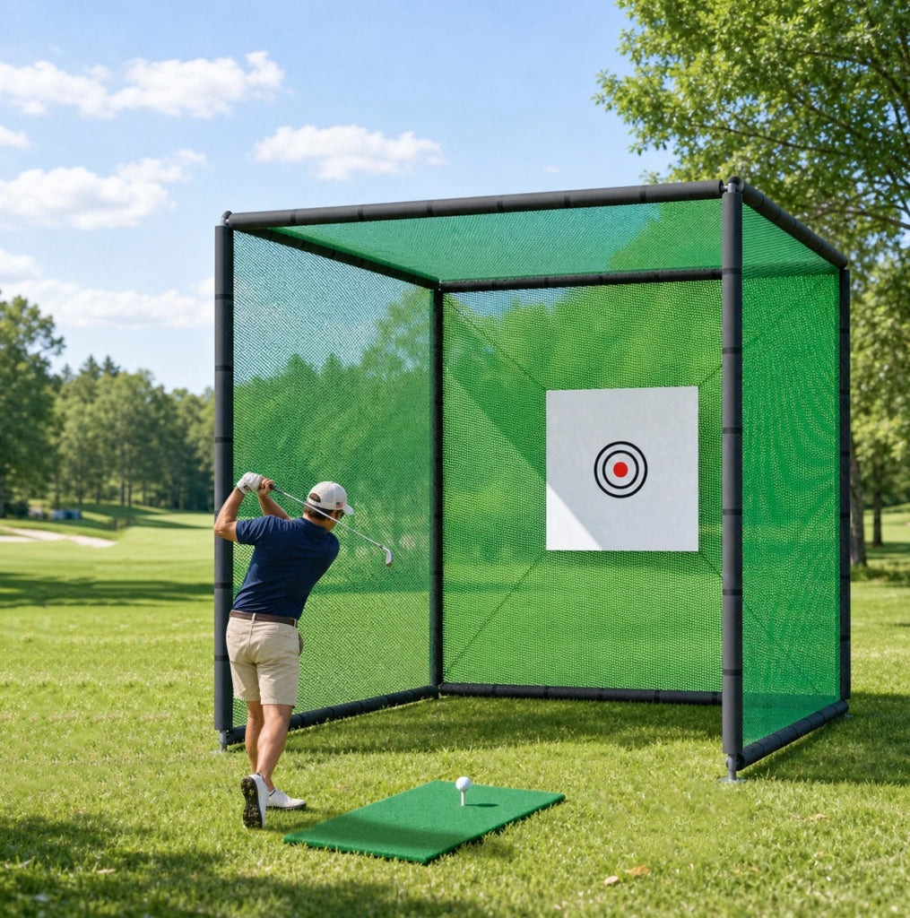 Rete da allenamento golf 300x300x300 cm con struttura in acciaio, target sheet, tappetino e tee in gomma