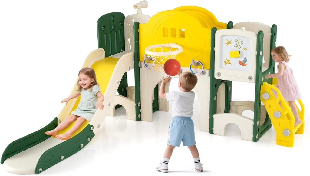 10 in 1 Set Scivolo per Bambini, Parco Giochi per 18 Mesi+ (Giallo)
Scivolo e Arrampicata con Lavagna Magnetica, Telescopio, Lancio ad Anelli, Canestro da Basket, Tunnel