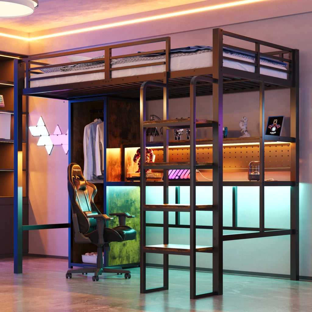 Letto a soppalco multifunzionale 90x200 cm con armadio; scrivania e LED; metallo e MDF