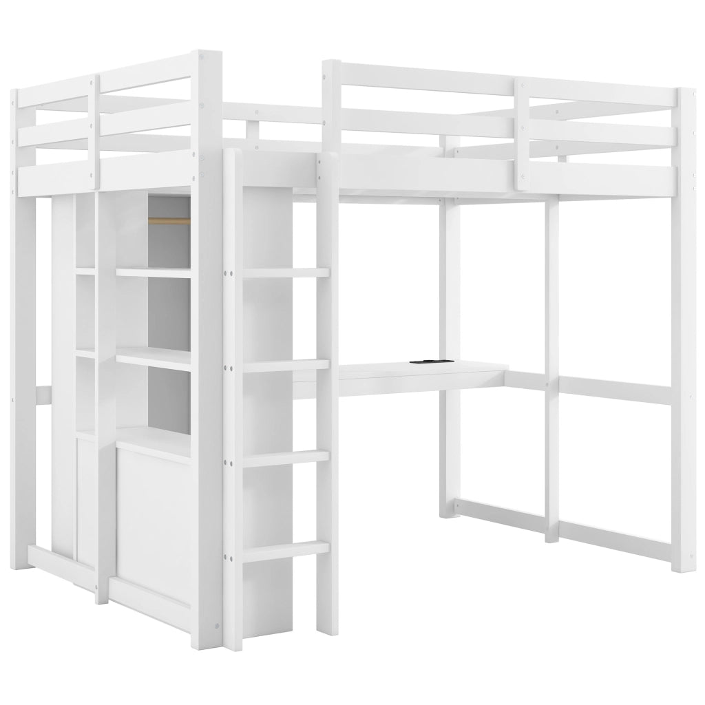 Letto a soppalco 140x200 cm con scrivania; LED; USB; 2 cassetti e ripiani; bianco
