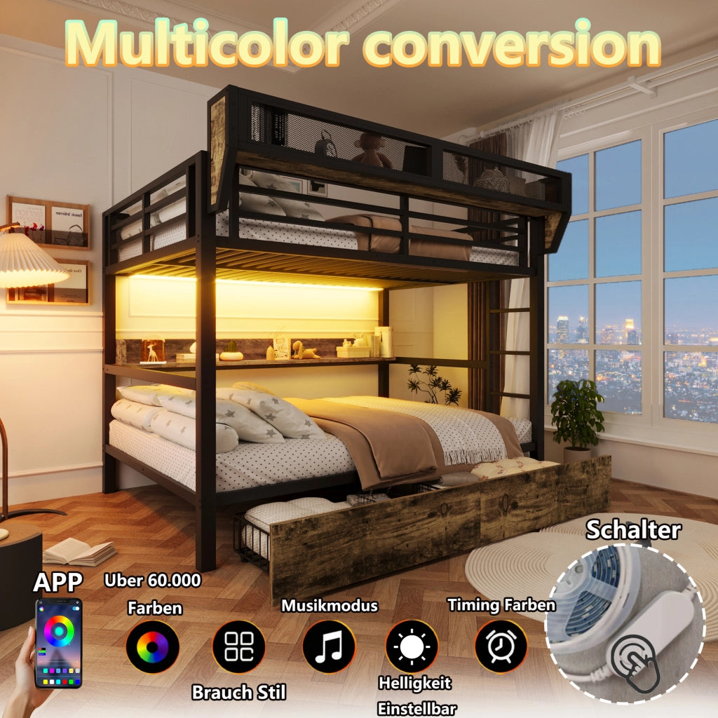 Letto a castello 140 × 200 cm in metallo e MDF nero con LED ripiani cestino e due cassetti