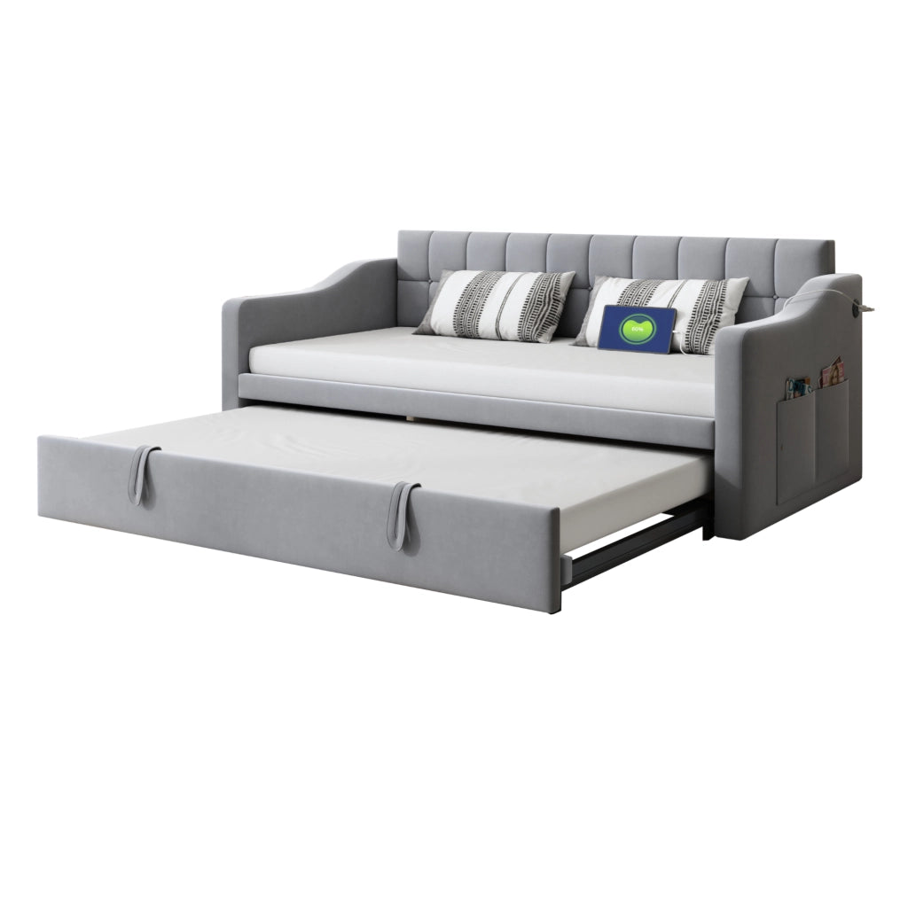 Divano letto imbottito allungabile 90x190 cm, grigio chiaro