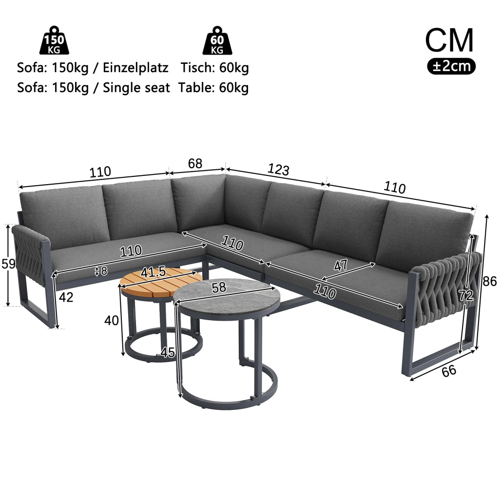 Set lounge da giardino modulare grigio con 2 tavolini regolabili e cuscini sfoderabili in olefina