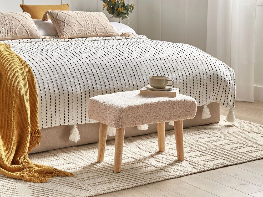 Poggiapiedi in Cotone Beige con Gambe in Legno