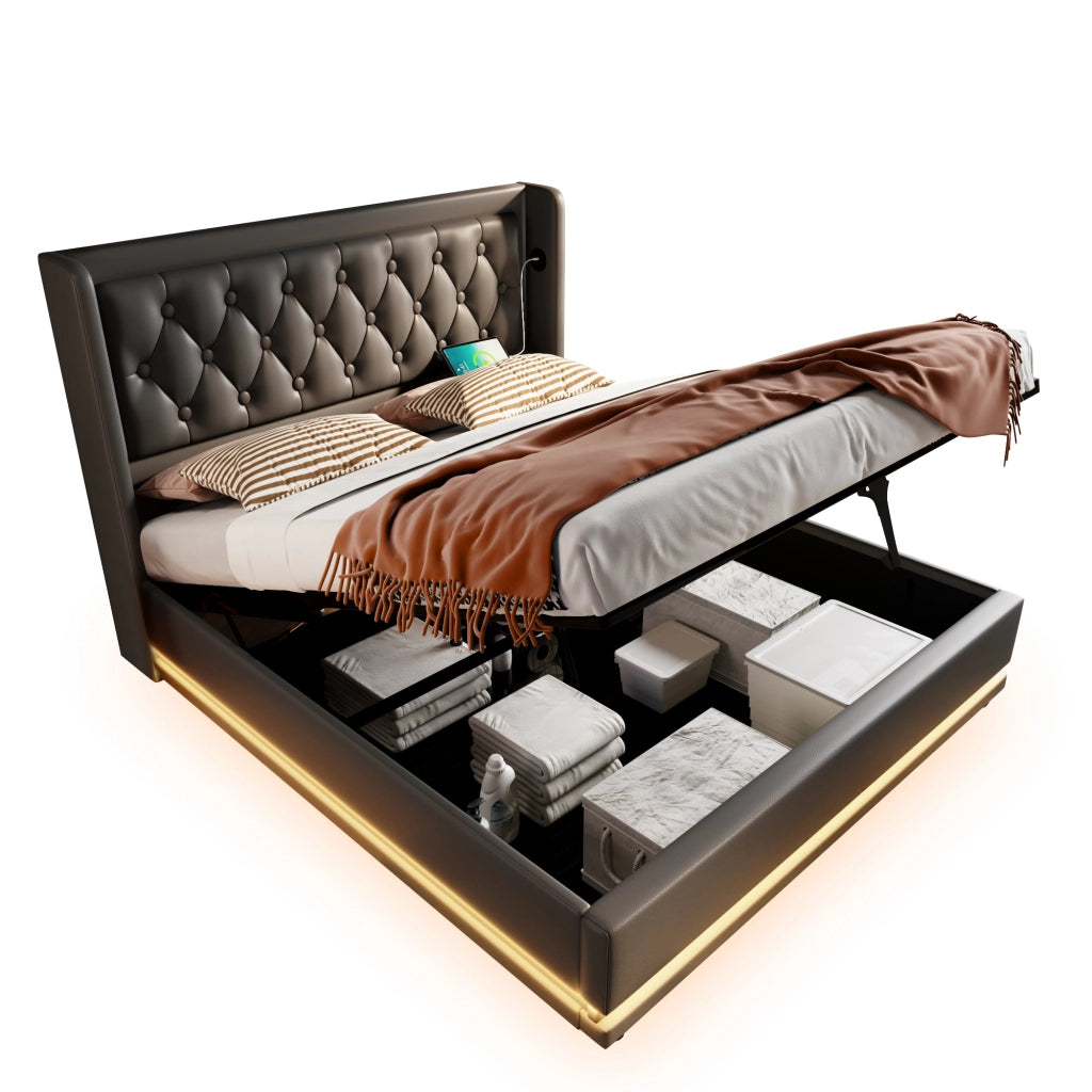 Letto imbottito 180x200 cm con contenitore; LED e USB Type-C in PU nero