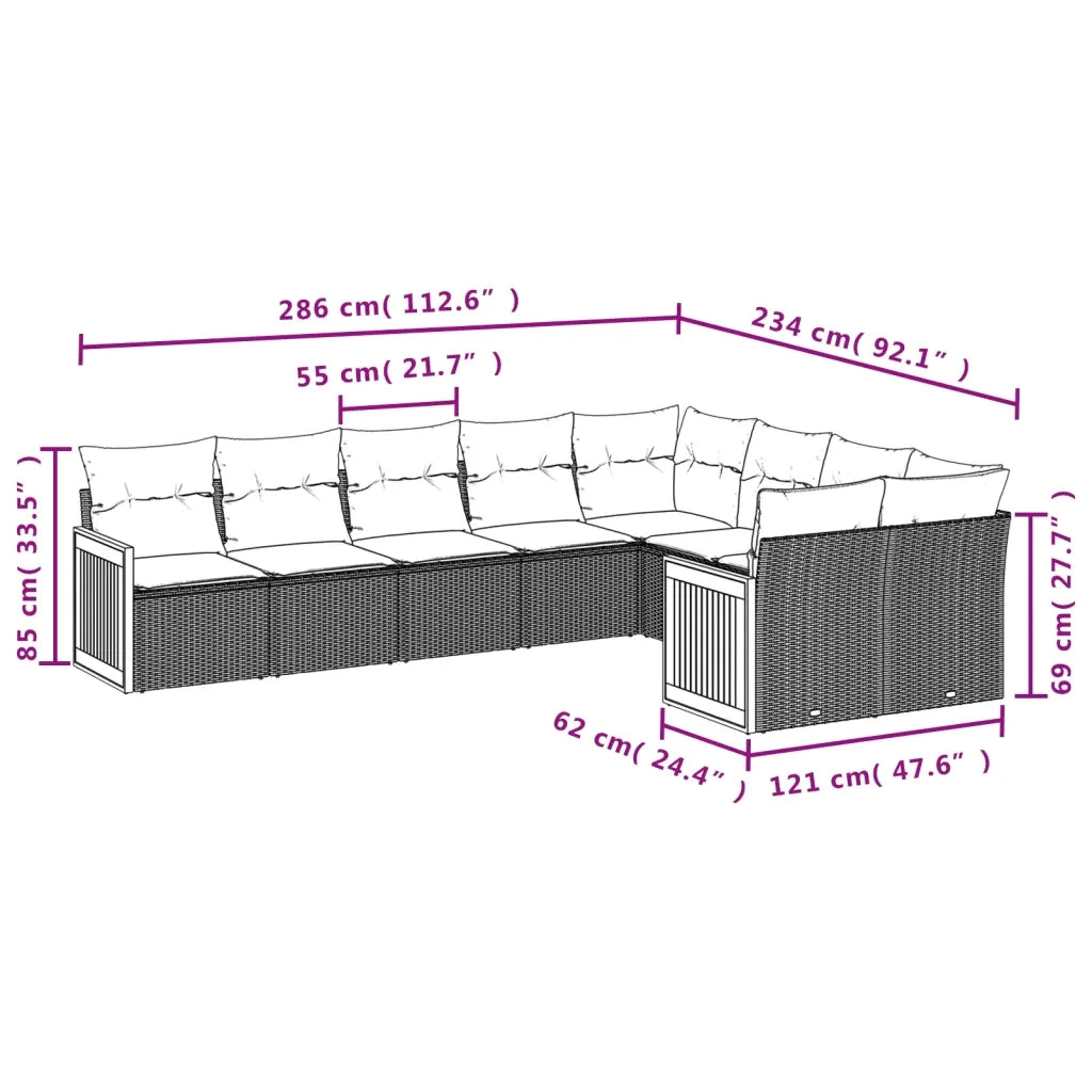 Set Divano da Giardino 9 pz con Cuscini Grigio in Polyrattan 3227985
