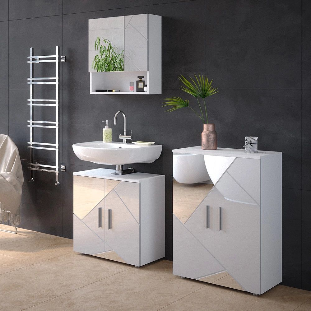 Vicco Set mobili bagno Bianco lucido con inserti 3 pezzi, con base 60 cm