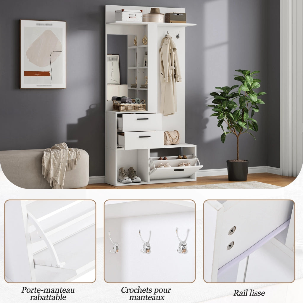 Mobile ingresso con scarpiera e specchio guardaroba bianco 90x30x180 cm in MDF