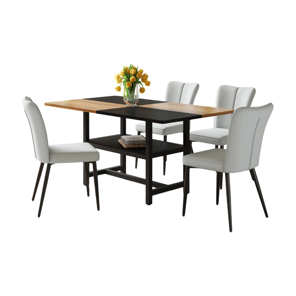 Tavolo da pranzo 160x90x76 cm in MDF marrone e nero con vano, 4 sedie grigio chiaro