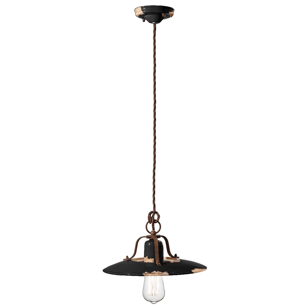 Lampadario Vintage Country Ferro E Ceramica Nero 1 Luce E27 30Cm