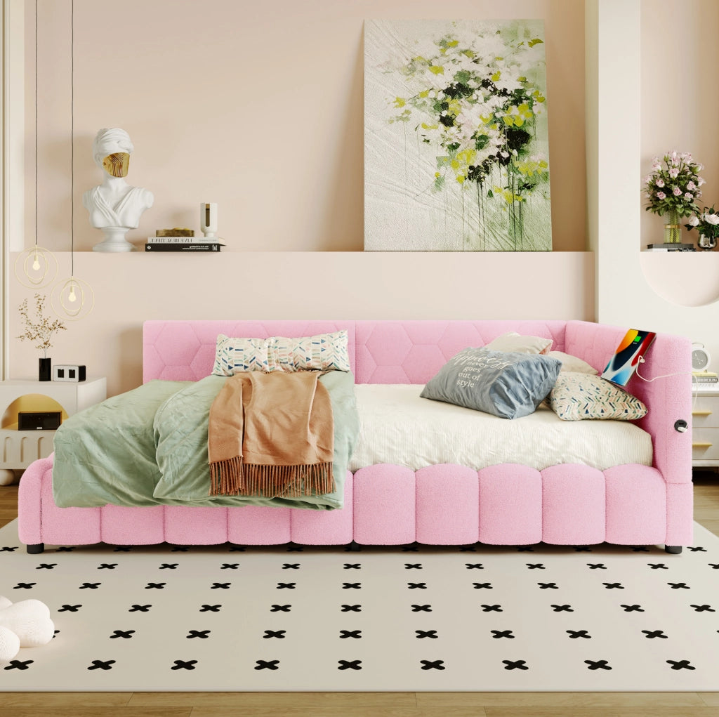 Letto daybed 140x200 cm con contenitore, LED, USB e Type-C, rosa