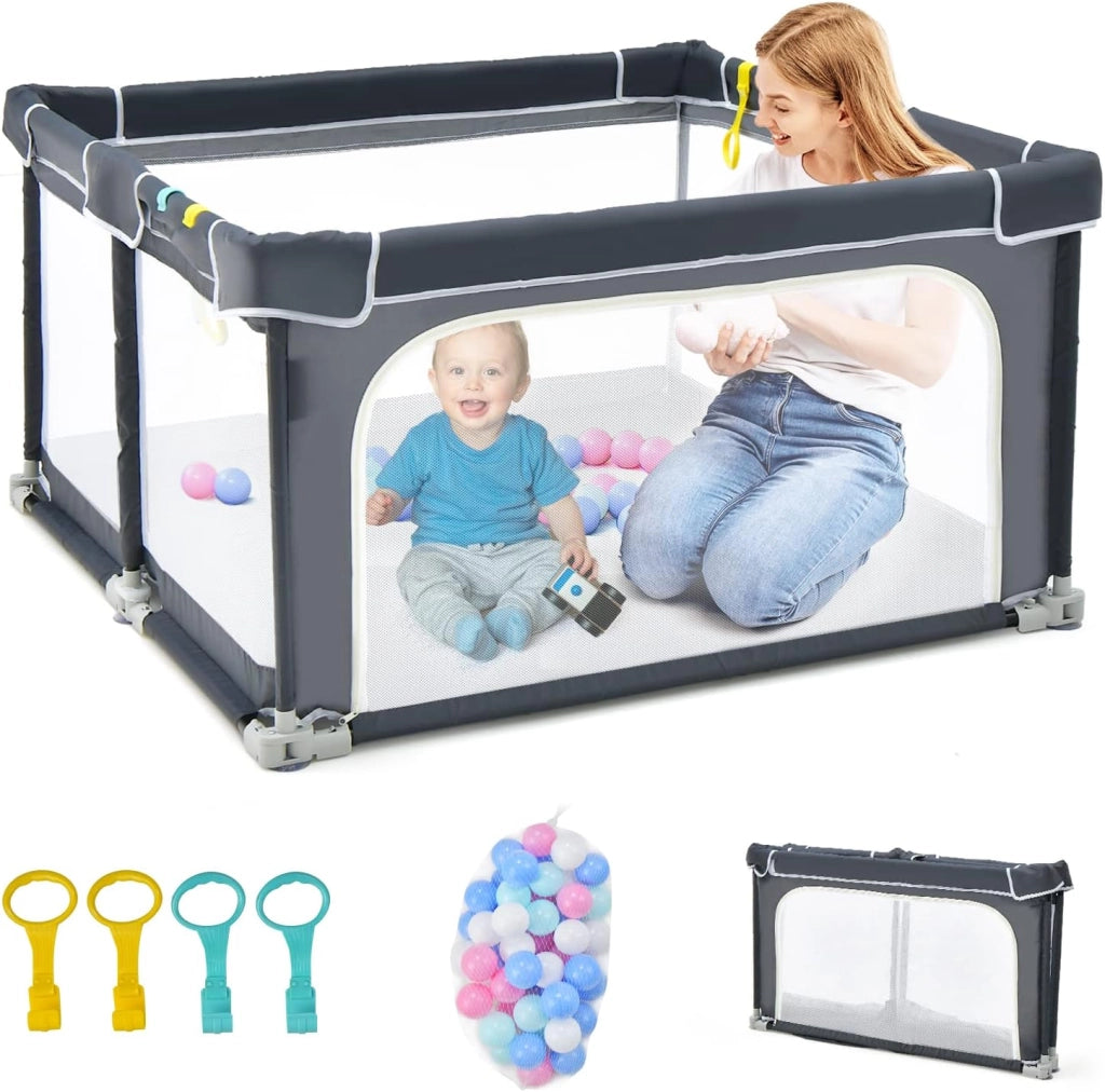 Recinto per Bambini, Box per Bambini con Rete Traspirante, Centro Attività per Bambini con 50 Palline, Box Giochi per Bambini 0-3 Anni (Grigio Scuro, ‎124 x 124 cm)