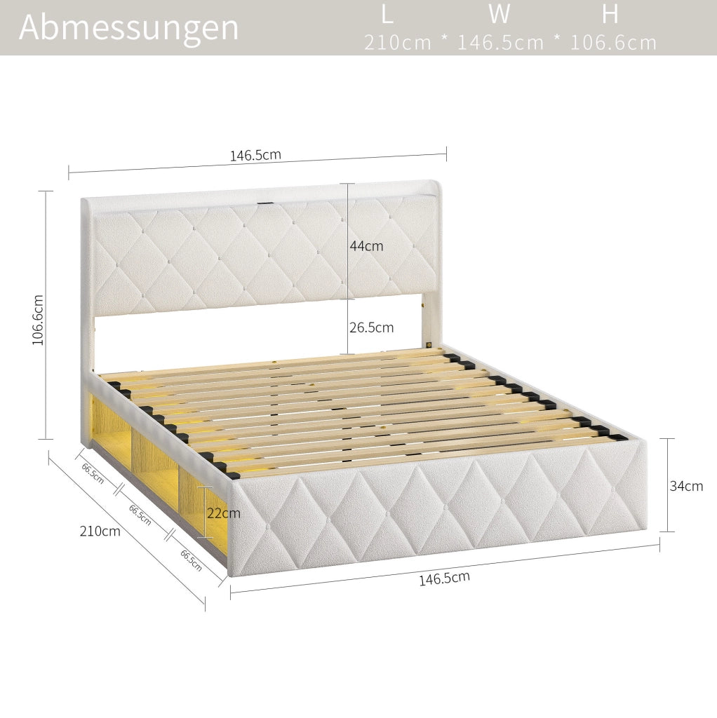Letto matrimoniale 140x200 cm Teddy bianco con LED e ricarica USB
