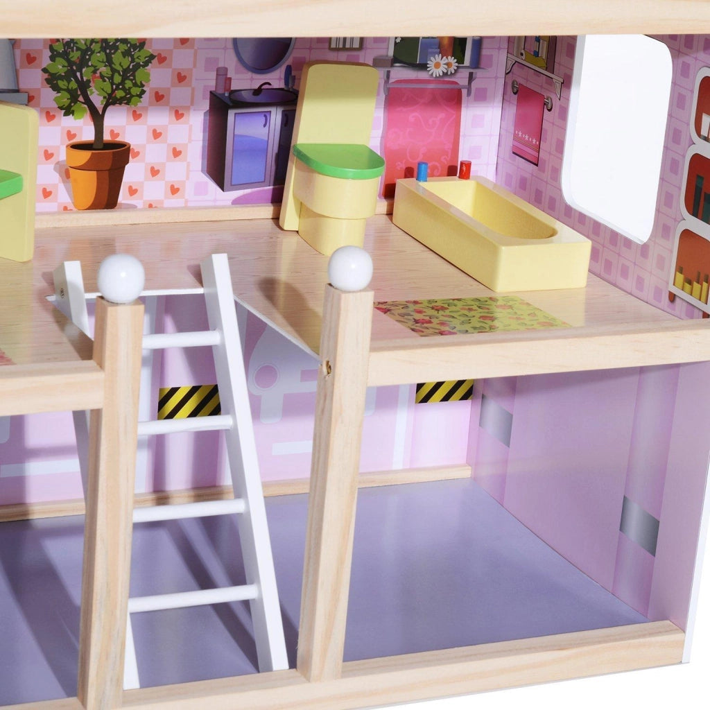 Casa delle Bambole per Bambini a 4 Piani in Legno con Accessori Rosa 60x30x80 cm