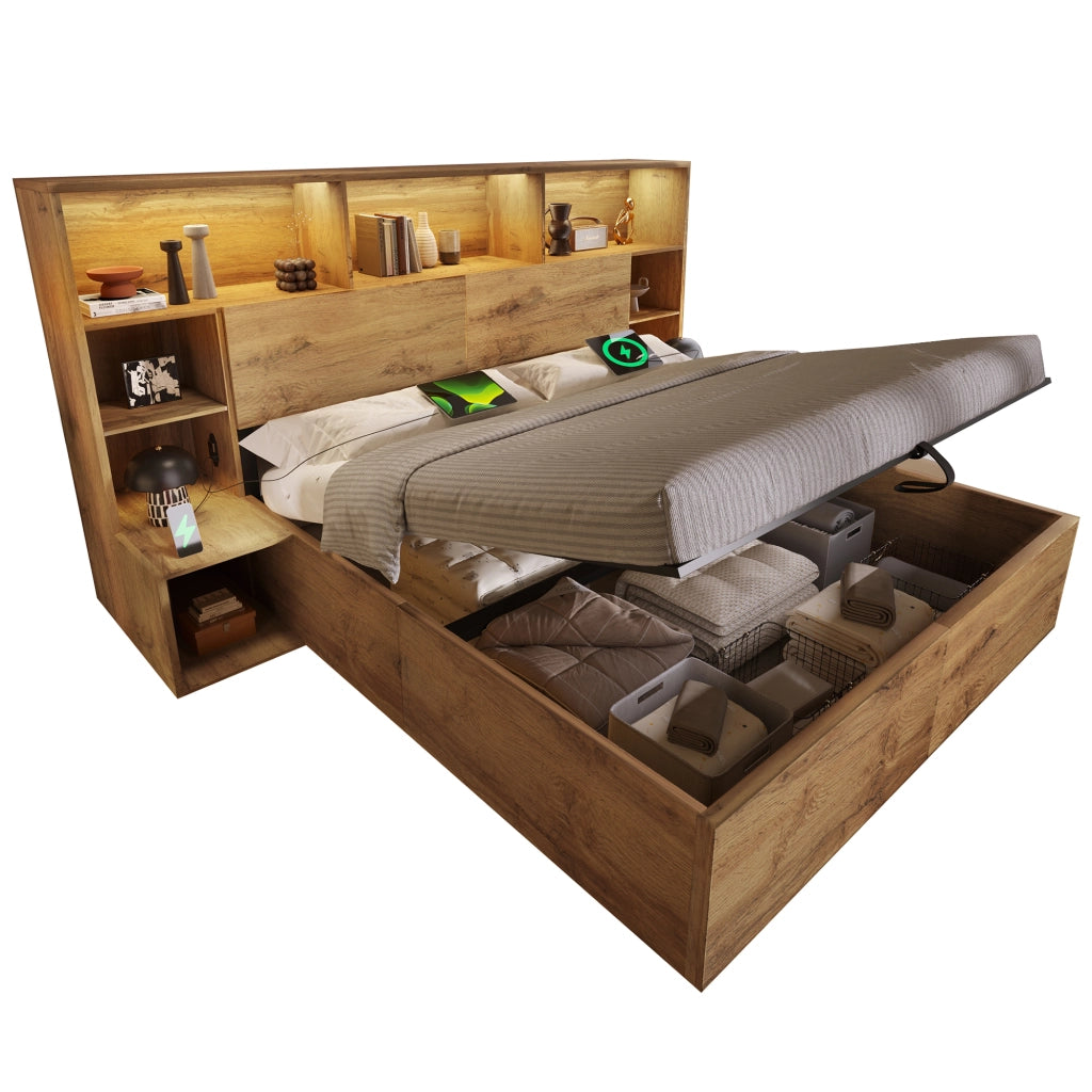Letto matrimoniale con contenitore e rete a doghe legno rovere con comodini LED USB e USB-C