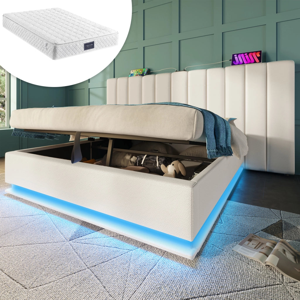 Letto contenitore 160 × 200 cm con LED 360°, 3 USB e Type-C, senza materasso, in PU, bianco