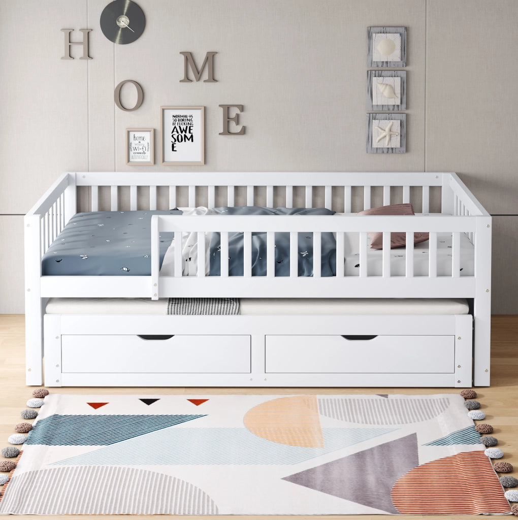 LETTO multifunzione 90x200 cm in legno bianco con letto estraibile e 2 cassetti