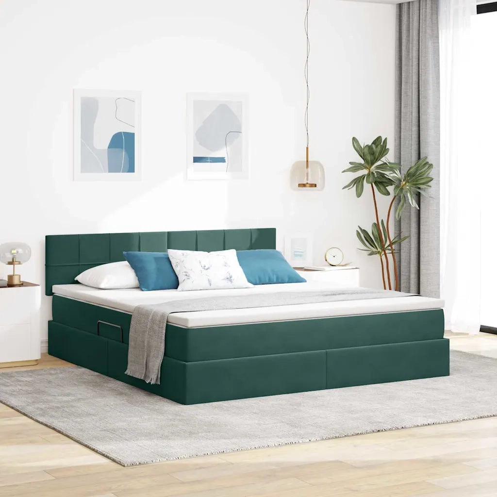 Letto con contenitore e LED Verde Scuro 160 x 200 cm Velluto
