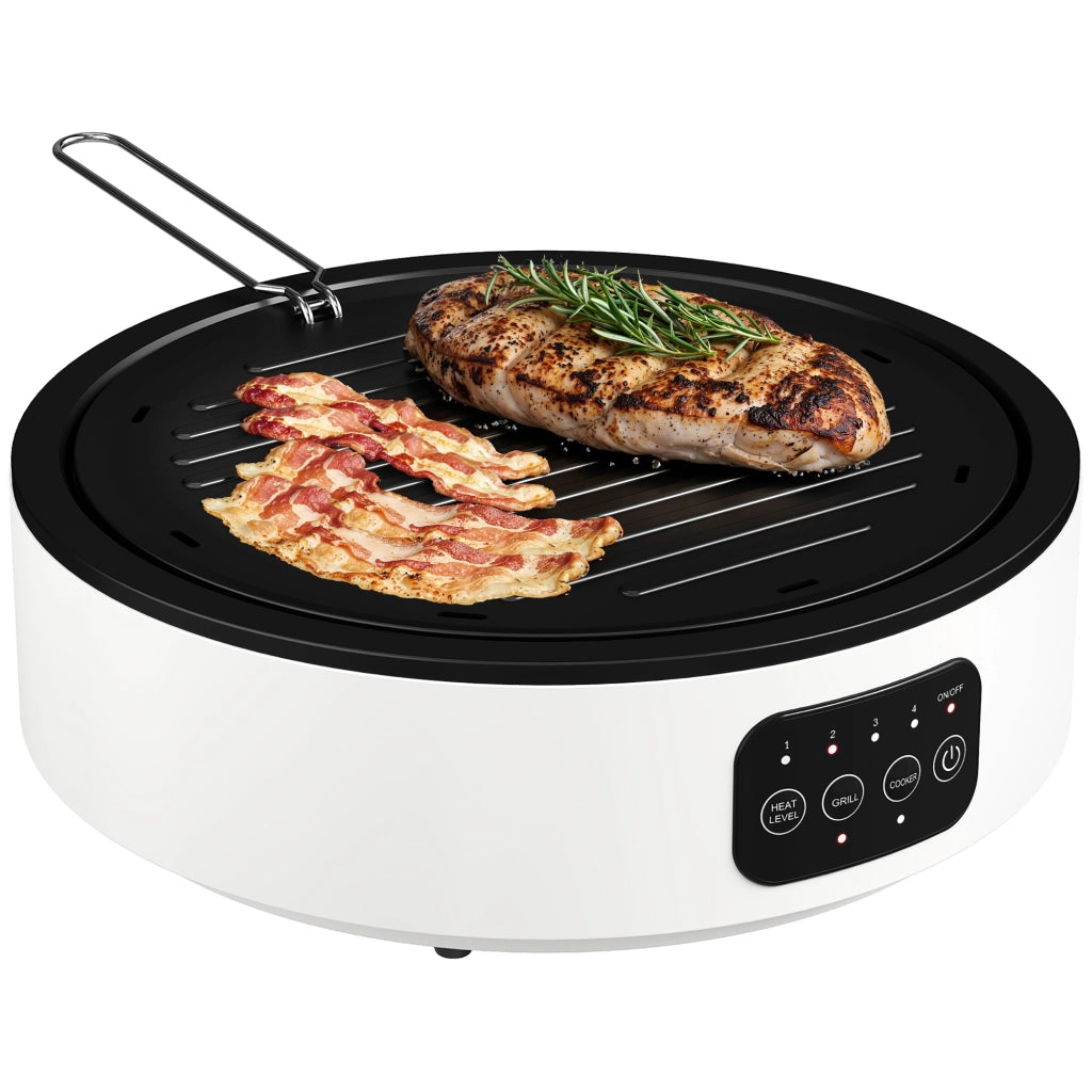 Piano cottura in vetroceramica e grill 2 in 1 2000W con display LED 4 livelli e vaschetta raccogligrasso bianco per casa