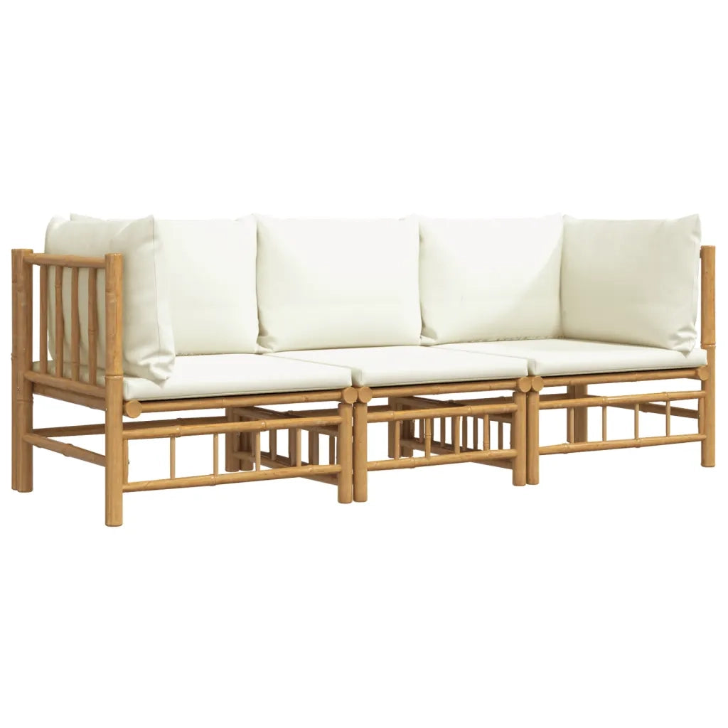 Set Salotto da Giardino 3pz con Cuscini Bianco Crema in Bambù 3155183