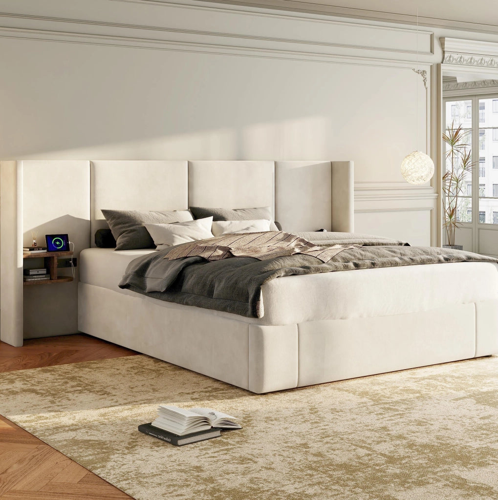 Letto contenitore 160x200 cm beige con USB, prese e comodini