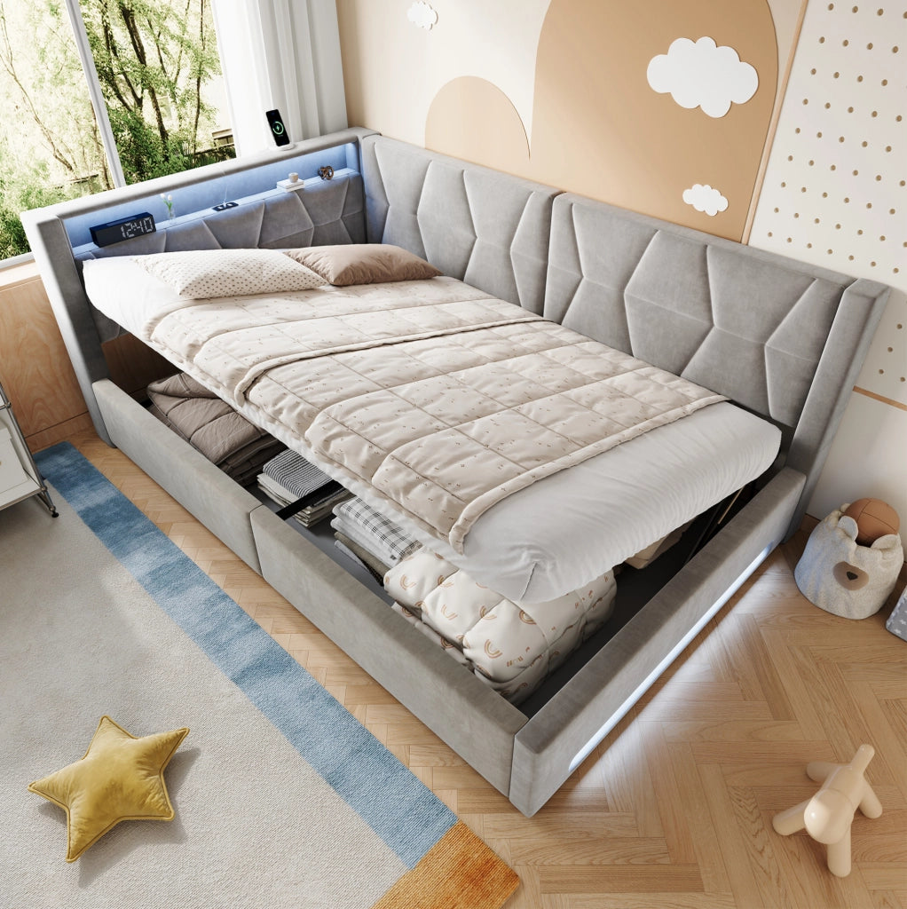 Letto imbottito 140x200 cm con contenitore, LED, USB e Type-C, velluto grigio scuro