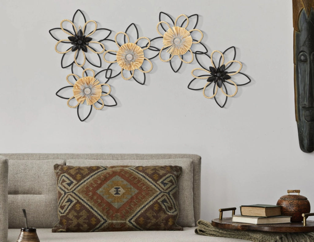 Pannello Raffia Flow 60x4x35 cm in Ferro e Rafia Marrone e Nero