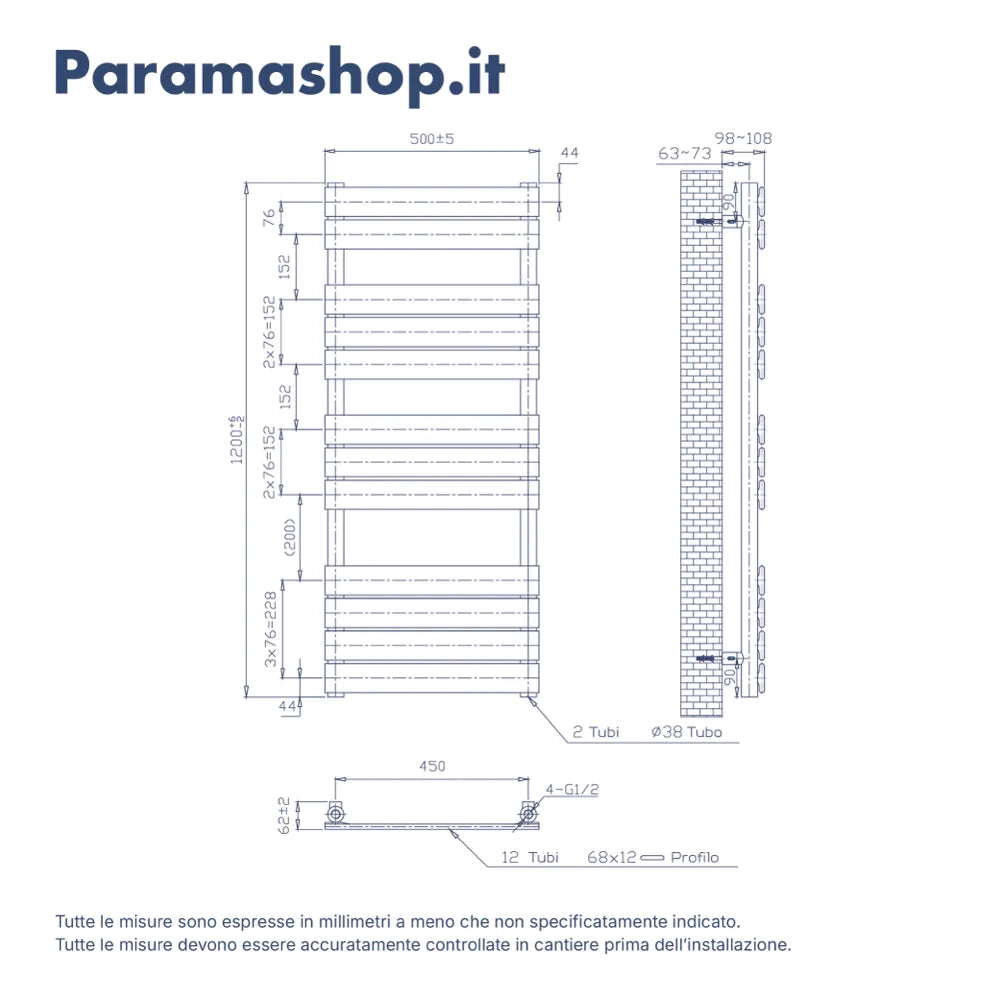 Termoarredo idraulico 1200x500 bianco lucido interasse 450 | Andromeda