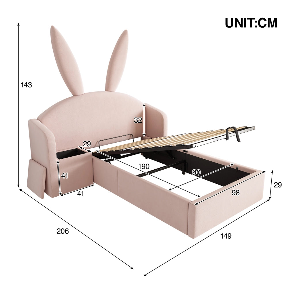 LETTO 90x190 cm in Velluto Rosa con Comodino e Contenitore