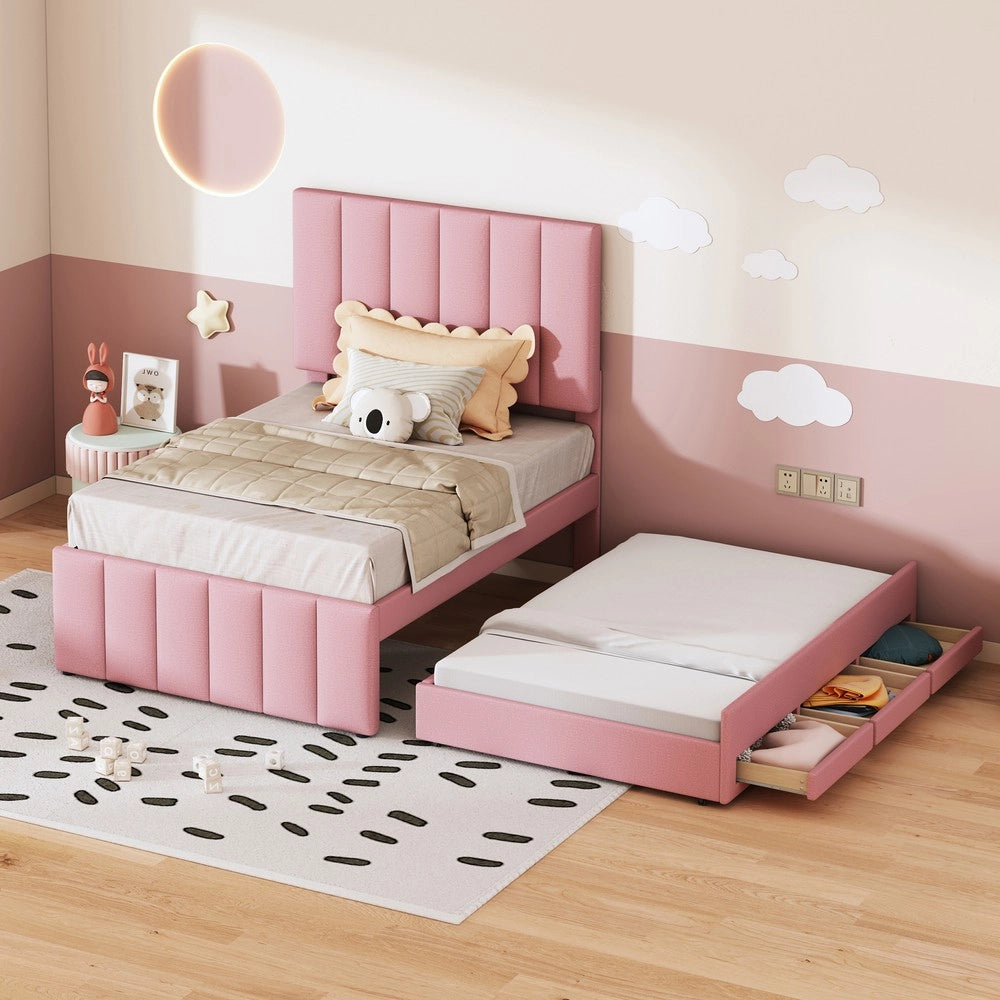Letto Singolo Imbottito con Rollbett e Cassetti ¨C MINIMAL ¨C Rosa 90x200
