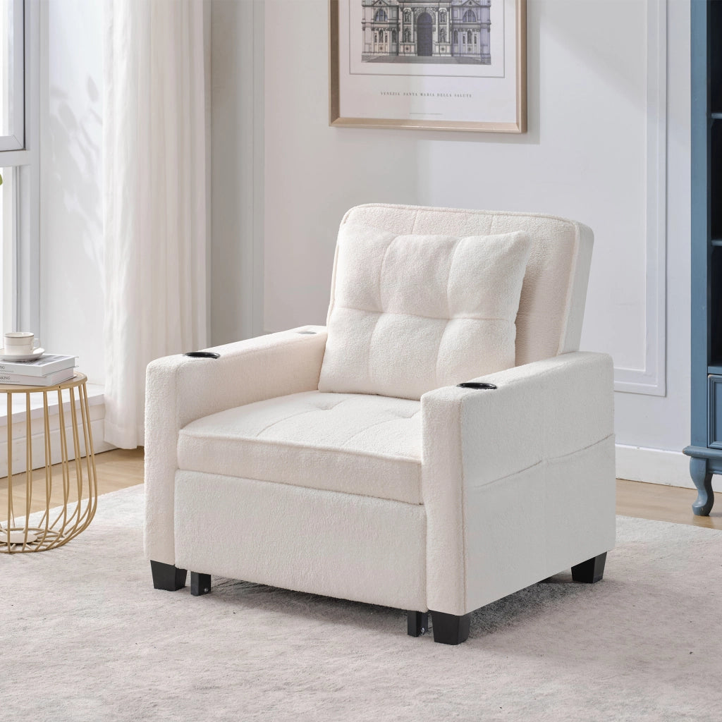 Poltrona letto singola estraibile 3 in 1; schienale regolabile; porta USB; legno e metallo; bianco